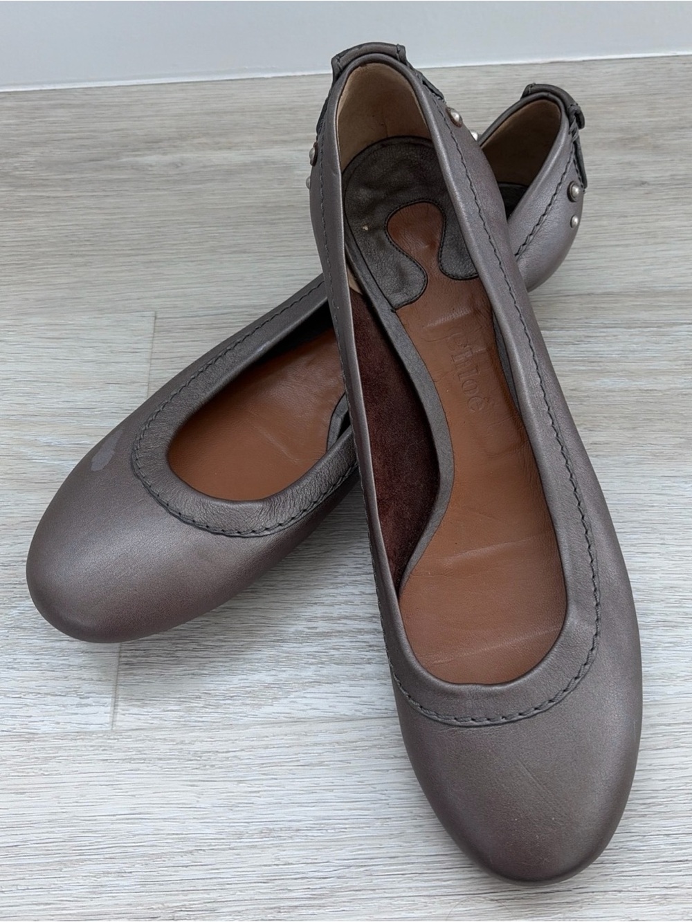 Chloé Metallic Gray Leather Ballet Flats Round Toe Made in Italy 39.5